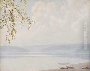 Vy Over Sjolandskap Med Roddbatar Pa Stranden