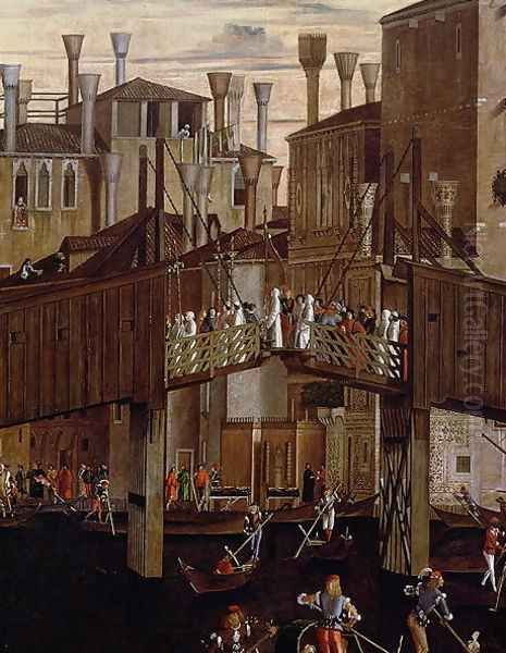 The Miracle of the Relic of the Holy Cross, detail of the old Rialto Bridge, from the Scuola di San Giovanni Evangelista, c.1494 - view 1