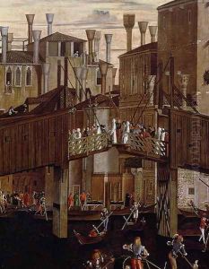 The Miracle of the Relic of the Holy Cross, detail of the old Rialto Bridge, from the Scuola di San Giovanni Evangelista, c.1494 by Vittore Carpaccio