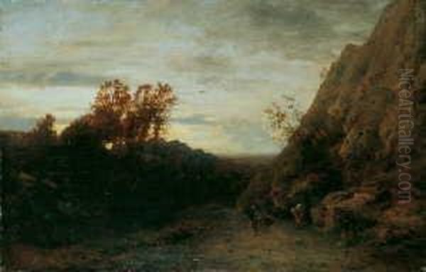 Gebirgslandschaft Mit Wanderern.
 Signiert Unten Rechts: A. Flamm. Ol Auf Leinwand. H 38,5; B 59,5 Cm. - view 1