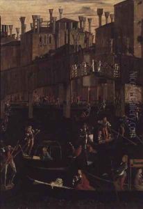 Wooden Rialto Bridge, from the Miracle of the Relic of the True Cross, 1494 Wooden Rialto Bridge, from the Miracle of the Relic of the True Cross, 1494