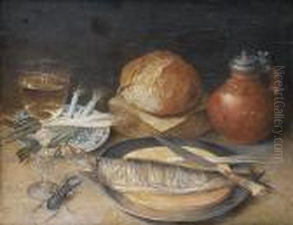 A Glass Of White Wine With An
Earthenware Jug,a Blue And White Dish Of Spring Onions And A Pewter Dish
With Aknife And Fish, With A Stag Beetle On A Table-top - view 1
