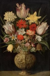 Floral Bouquet In A Metal Vase With Ornaments.