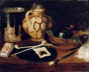 A Deck Of Cards, A Pewter Plate 
With Pipes And Tobacco, An Earthenware Beaker And Jug, A Knife And An 
Earthenware Bowl With Pewter Objects On A Table