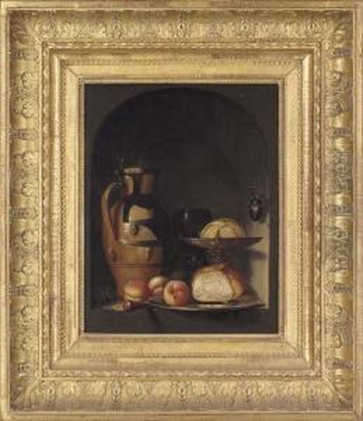 An Earthenware Jug, A Glass 
Roemer, A Silver Tazza, A Pewter Plate With Bread And Peaches, A Mouse 
And A Stag-beetle In A Casement - view 1