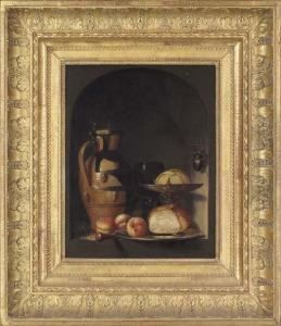 An Earthenware Jug, A Glass 
Roemer, A Silver Tazza, A Pewter Plate With Bread And Peaches, A Mouse 
And A Stag-beetle In A Casement