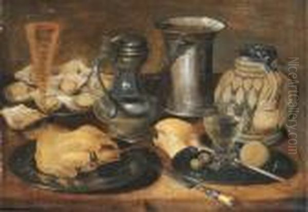 A Roast Pheasant, A Roemer,
Olives, A Lemon And A Pipe, And Oysterson Pewter Plates, With A Pewter
Pitcher, A Facon-de-venisewineglass, A Knife, A Roll Of Bread, A Tankard
And A Flask On Awooden Table - view 1