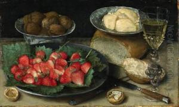 Strawberries On A Plate, Walnuts
In A Porcelain Bowl, Butter On Aplate, A Loaf Of Bread, A Faon De
Venise Wine Glass, A Knife And Afork On A Table - view 1