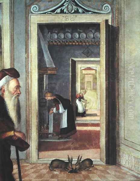 The Birth of the Virgin, detail of servants in the background, 1504-08 - view 1