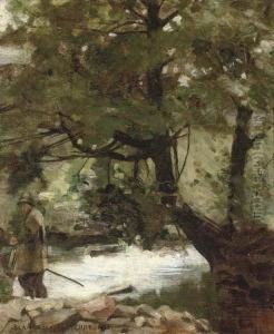 An Angler Beside A Wooded Stream by William Teulon Blandford Fletcher