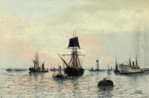 Towing In The Brig At Dusk by Edwin Fletcher