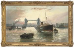 Shipping In The Pool Of London, Tower Bridge And St Pauls Beyond by Edwin Fletcher