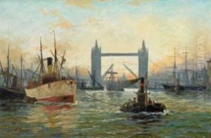 Ansicht Von London Mit Schiffen Vor Der Tower Bridge by Edwin Fletcher