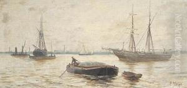 Ships At Anchor On The River, A Pair - view 1