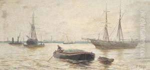 Ships At Anchor On The River, A Pair by Edwin Fletcher