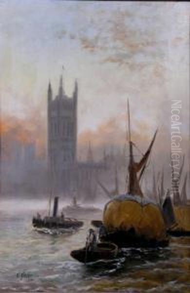 Barges On The Thames Before Westminster Palace - view 1