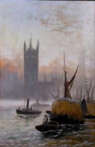 Barges On The Thames Before Westminster Palace