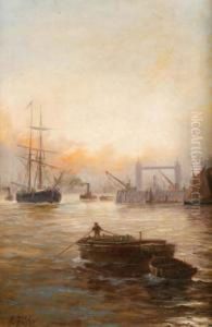 Shipping On Thethames With Tower Bridge In Distance by Edwin Fletcher