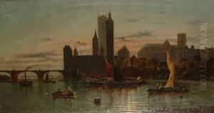 Barges On The Thames At Westminster