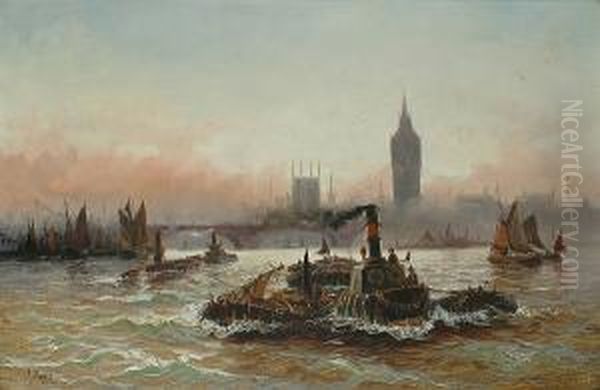 Shipping On The Thames, Big Ben And The Houses Of Parliament Beyond - view 1