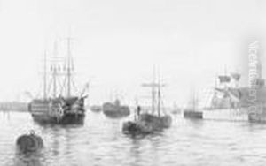 Hms Victory At Anchor In Portsmouth Harbour by Edwin Fletcher