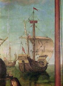 The Meeting and Departure of the Betrothed, from the St. Ursula Cycle, detail of a ship, 1490-96