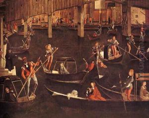 Gondoliers on the Grand Canal, detail from The Miracle of the Relic of the True Cross on the Rialto Bridge (detail), 1494 by Vittore Carpaccio