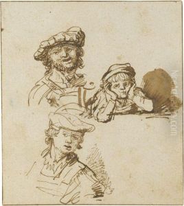 Studies Of Two Men In Hats And A Boy Leaning On Hishands, All Head And Shoulders by Govert Teunisz. Flinck