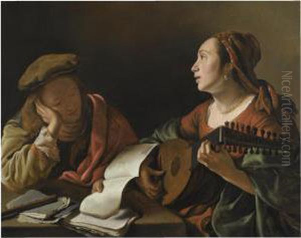 A Young Lady Playing The Lute To
 A Young Man Reading, Or 'anallegory Of Sight And Hearing' - view 1