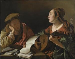 A Young Lady Playing The Lute To
 A Young Man Reading, Or 'anallegory Of Sight And Hearing'