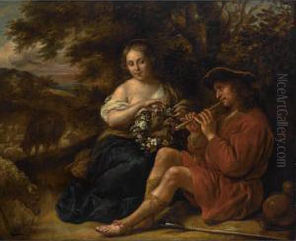 An Elegant Shepherdess Listening
 To A Shepherd Playing The Recorder In An Arcadian Landschape - view 1