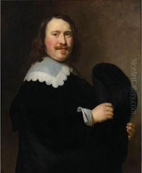 Sold By The J. Paul Getty Museum To Benefit Future Painting Acquisitions
A Portrait Of A Gentleman, Standing Half-length, Turned To The Right, Wearing A Black Coat With A White Lace Colla - view 1
