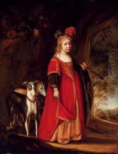 Portrait Of A Young Girl As Diana, In A Glade With Two Greyhounds