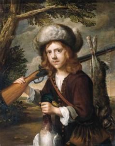 A Portrait Of A Youth, Standing 
Three Quarter Length In Alandscape, Holding A Dead Duck And A Rifle