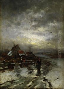 Schneelandschaft Mit Bauernhaus Und Bauerin by Heinz Flockenhaus