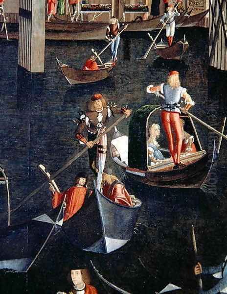 Gondoliers on the Grand Canal, detail from The Miracle of the Relic of the True Cross on the Rialto Bridge, 1494 - view 1