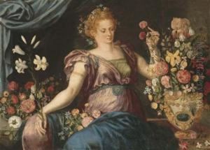 A Woman Seated With Ornamental Vases Of Flowers