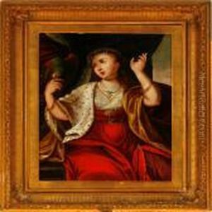 Oriental Woman In A Noble Dress With A Parrot On Hershoulder