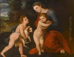 The Madonna And Child With An
Infant Offering A Dog, Saint Joseph Before A House In A Landscape Beyond The Madonna And Child With An
Infant Offering A Dog, Saint Joseph Before A House In A Landscape Beyond