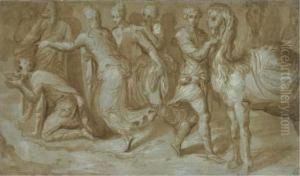 Personnages Buvant A Une Fontaine by Frans Floris