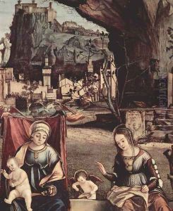 Throne end of Madonna and Johannes of the Taeufer, Hl. Josef and Hl. Anna, Hl. Elizabeth and Hl. Zacharias, by Vittore Carpaccio