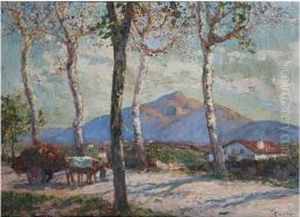 Farmer With Ox-drawn Cart On A Tree-lined Track by Louis Floutier