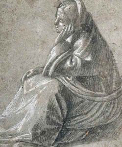 A seated woman in profile to the left, her hand supporting her head by Vittore Carpaccio