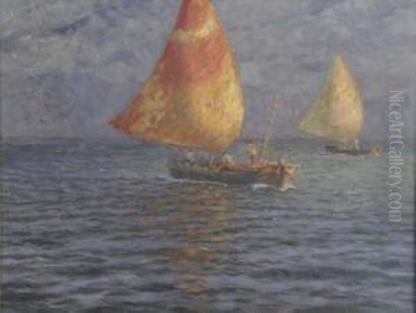 Italian Oil On Canvas Fishing Boats At Sea Signed 19 X 25in - view 1