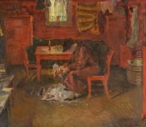Interior Med Kvinne Som Plukker Fugl 1931 by Bernhard Folkestad