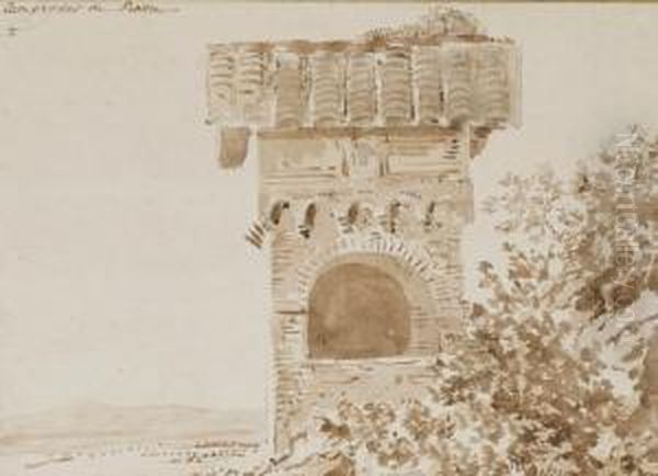Vue D'une Tour Fortifiee Dans Un
 Paysage; Et Un Paysage Lacustre, Des Montagnes A L'arriere-plan - view 1