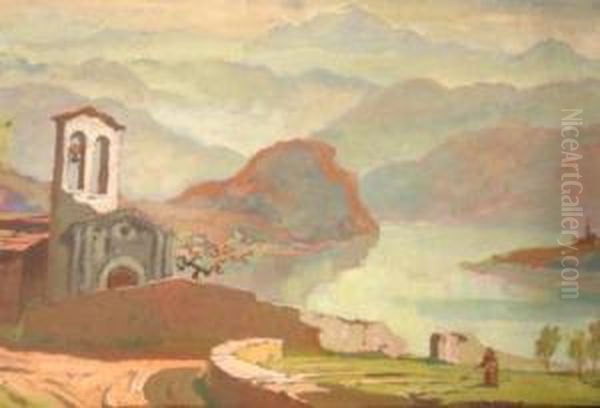 Vista Da Menaggio Con Monastero Sul Lago Con Personaggio - view 1