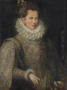 Portrait Of A Lady, Half-length, In An Embroidered Gown And Whitecollar, With A Dog by Lavinia Fontana