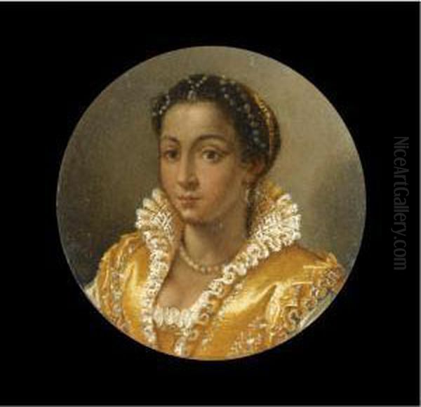 Portrait Of A Girl, Bust-length,
 In A Yellow Silk Dress With A Lace Collar, Wearing A Pearl Necklace And
 String Of Pearls In Her Hair - view 1