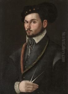 Portrait Of A Navigator, 
Half-length, In A Black Doublet And A Plumed Hat, A Pair Of Compasses In
 His Right Hand